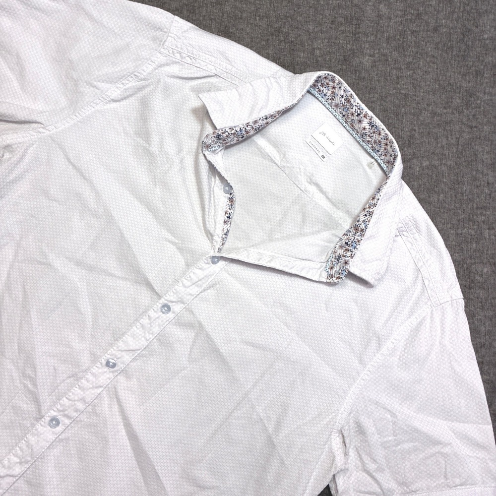JB Holt Button Down Shirt Mens XL White Short Sleeve Floral Trim Textured
